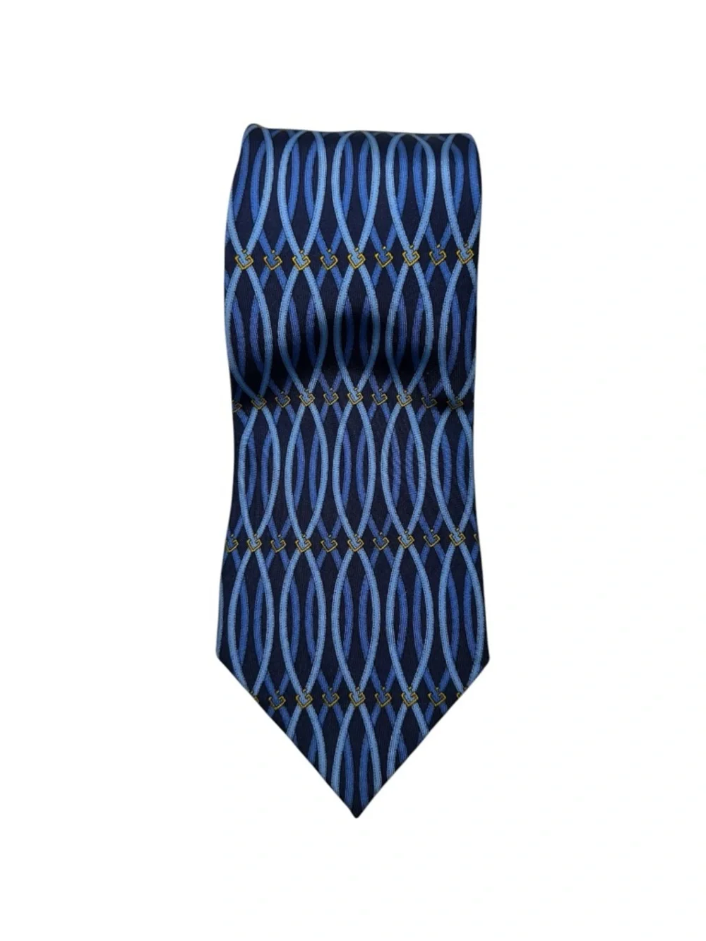 Gucci Navy Light Blue Gold G Logo Link Interlocking Print Silk Necktie Tie - Picture 2 of 12